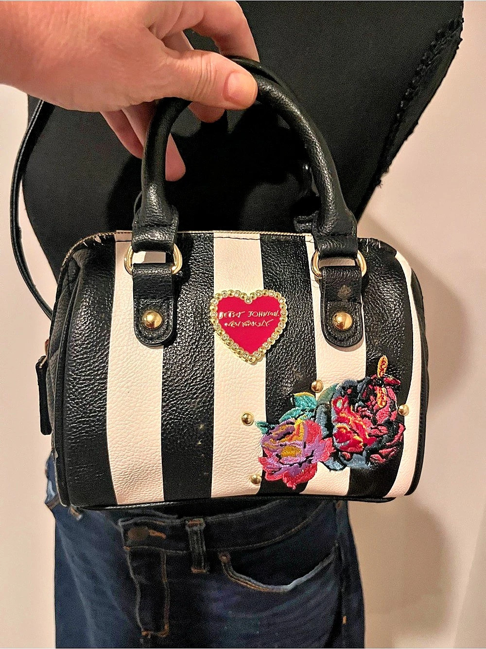 Betsey Johnson Floral Stripe Satchel Black & White